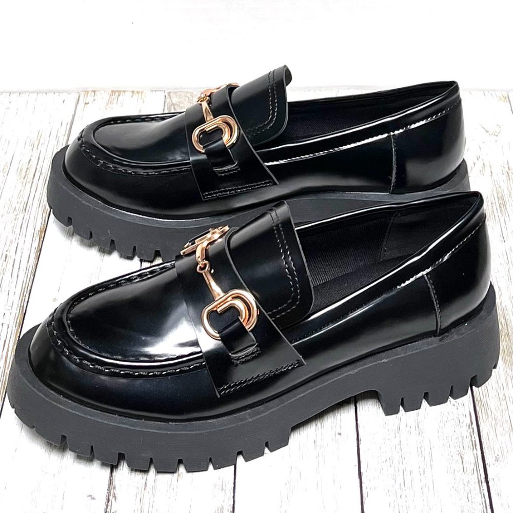 New Black Chain Platform Chunky Heel Penny Loafers